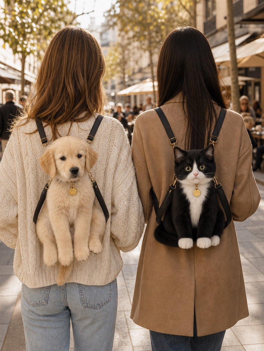 Two friends wearing TwinPaw pet backpacks