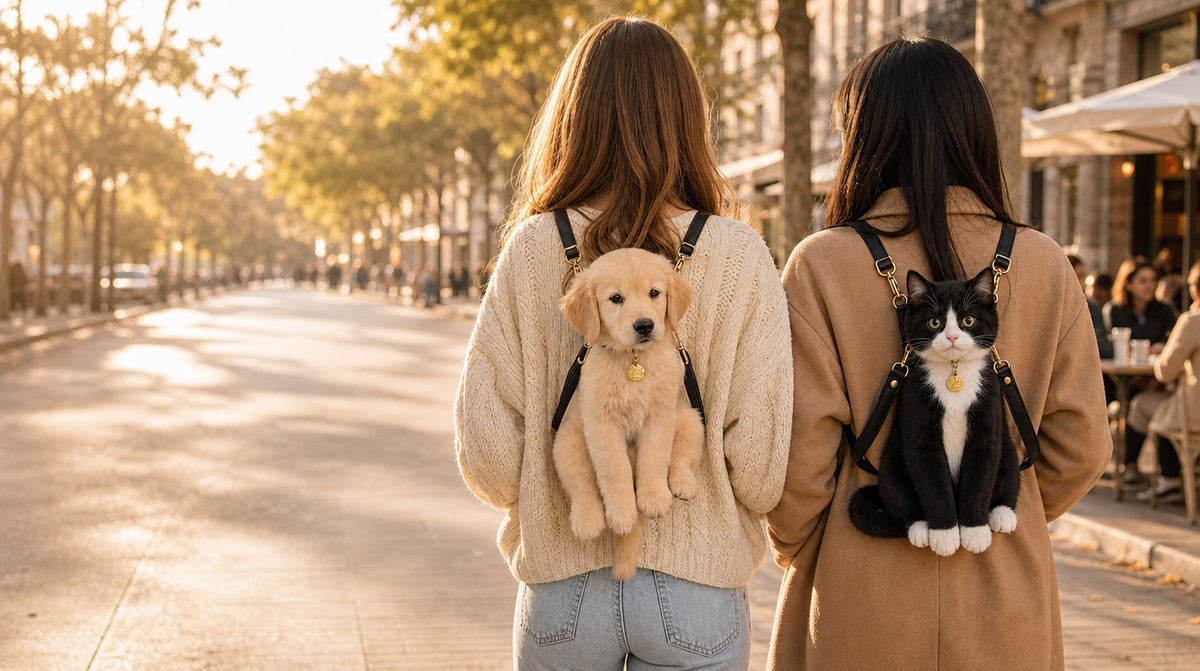 Two friends wearing TwinPaw golden retriever and tuxedo cat backpacks